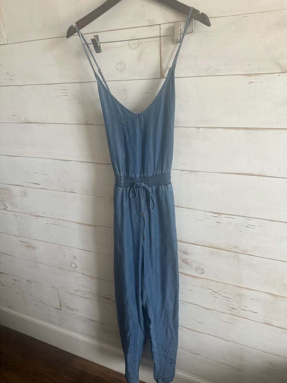 Impressions Chambray Denim Sleeveless Jumpsuit with Elastic Drawstring Waist